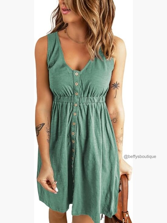 Dresses & Skirts - V Neck Button Down Swing Dress Sleeveless Summer Midi Dress